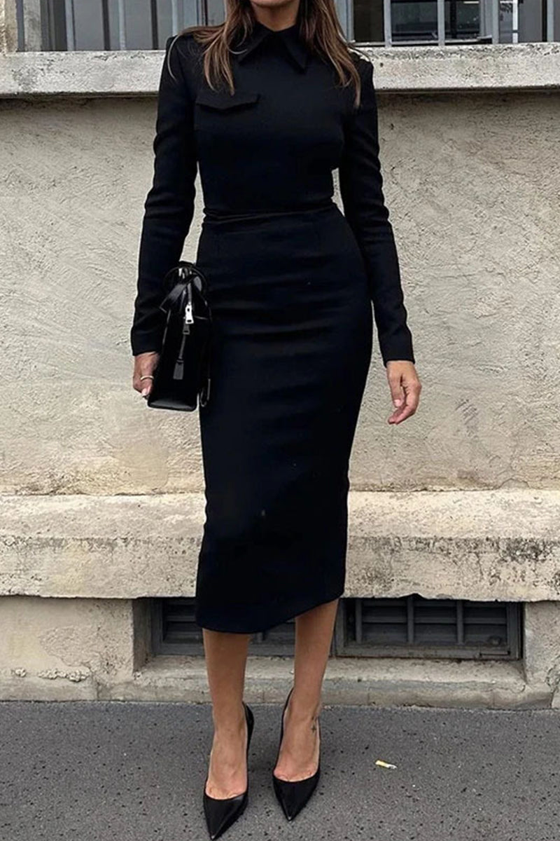 Simplicity Solid Turndown Collar Wrapped Skirt Dresses - Fashionpara