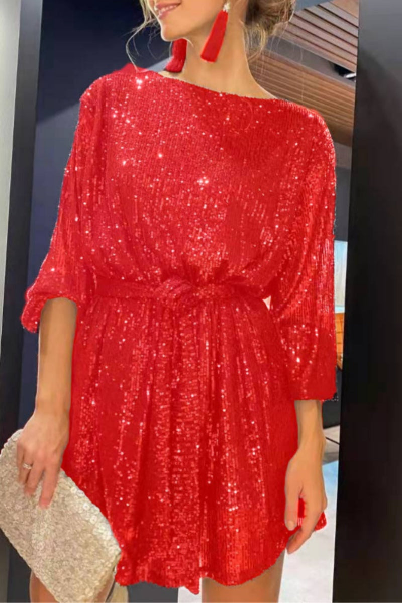 Casual Patchwork Sequins O Neck Long Sleeve Dresses  Fashionpara