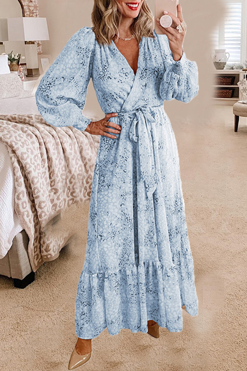 Elegant Leopard Bandage Flounce V Neck A Line Dresses - Fashionpara