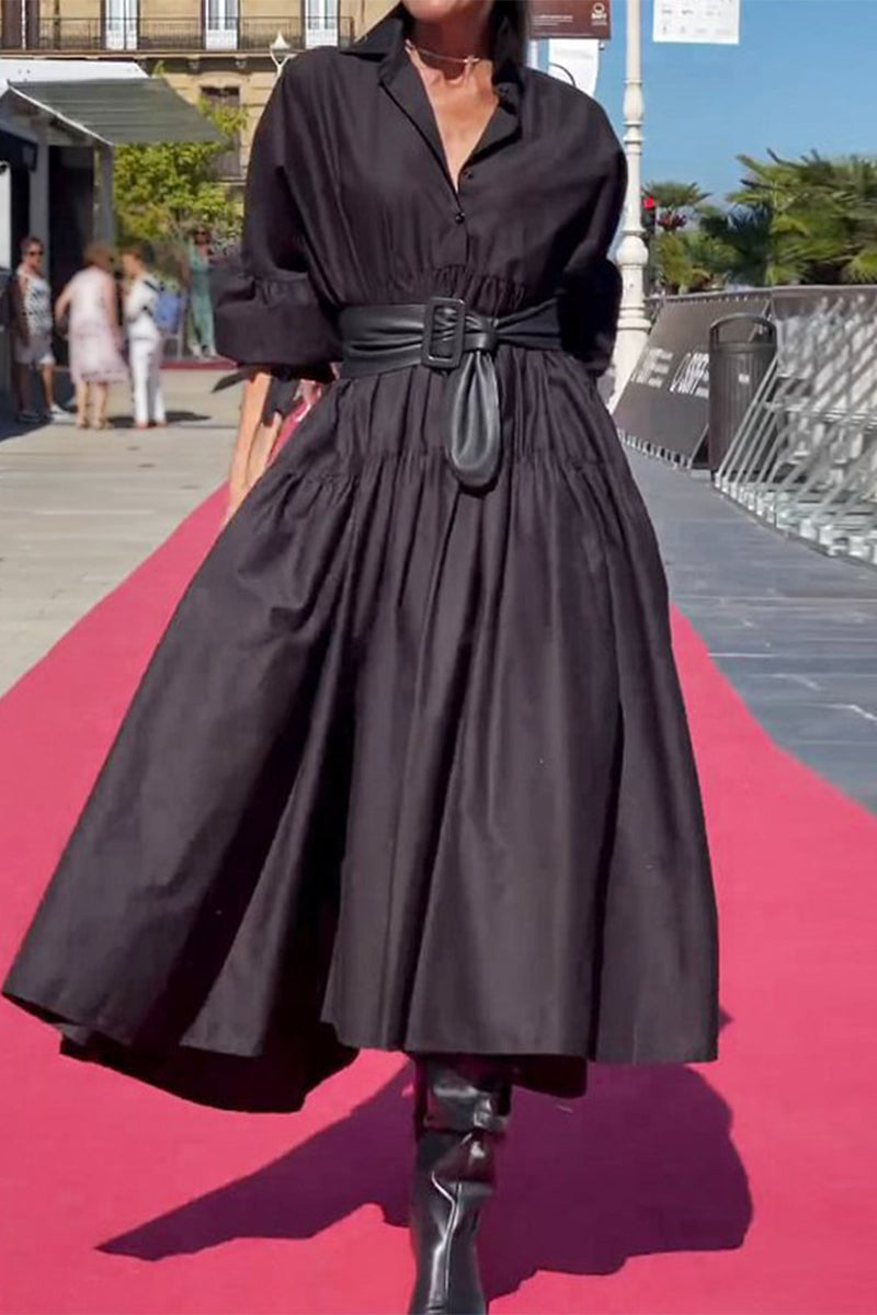 Casual Solid Fold With Belt Turndown Collar Long Sleeve Dresses(No Belt) - Fashionpara