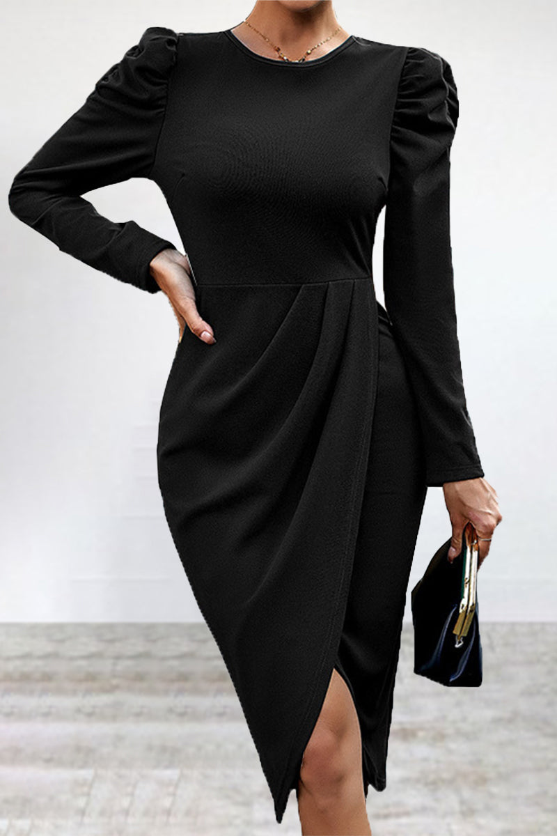 Elegant Solid Slit Asymmetrical O Neck Irregular Dress Dresses - Fashionpara