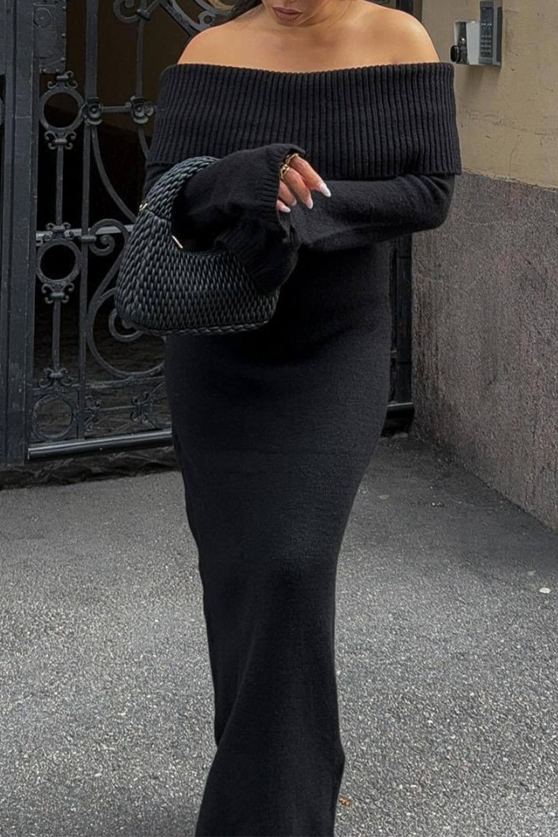 Sexy Solid Hollowed Out Slit Off the Shoulder Long Sleeve Dresses - Fashionpara