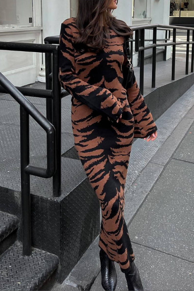 Street Vintage Leopard Jacquard Ripped Weave O Neck Pencil Skirt Dresses - Fashionpara