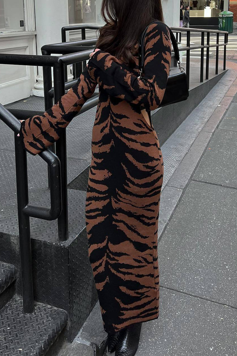 Street Vintage Leopard Jacquard Ripped Weave O Neck Pencil Skirt Dresses - Fashionpara