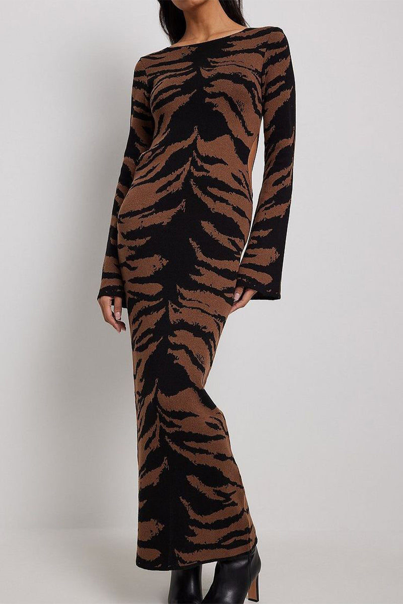 Street Vintage Leopard Jacquard Ripped Weave O Neck Pencil Skirt Dresses - Fashionpara