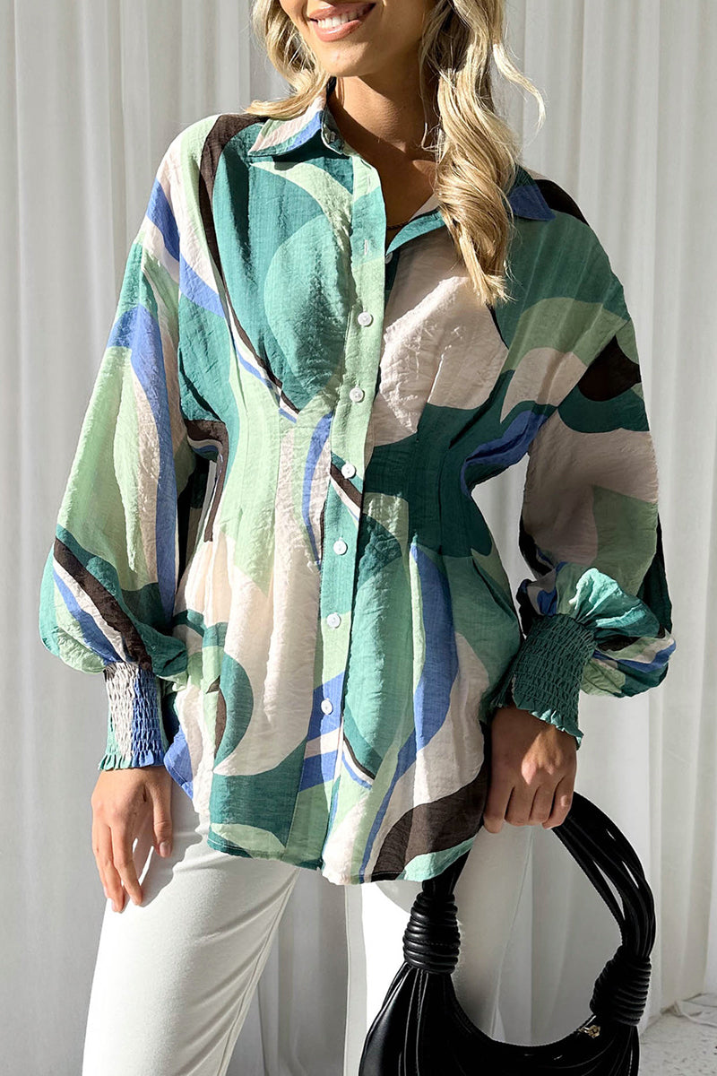 Casual Print Fold Turndown Collar Tops - Fashionpara