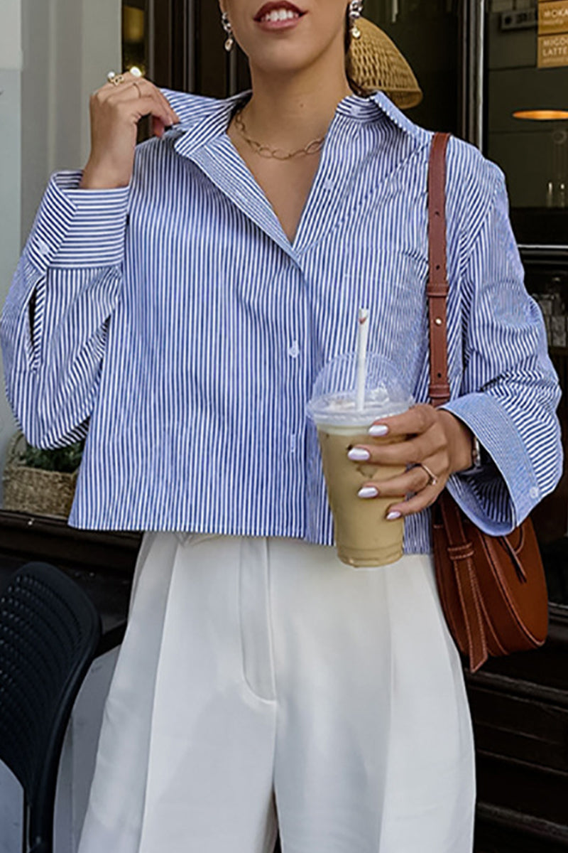 British Style Elegant Striped Patchwork Turndown Collar Tops - Fashionpara