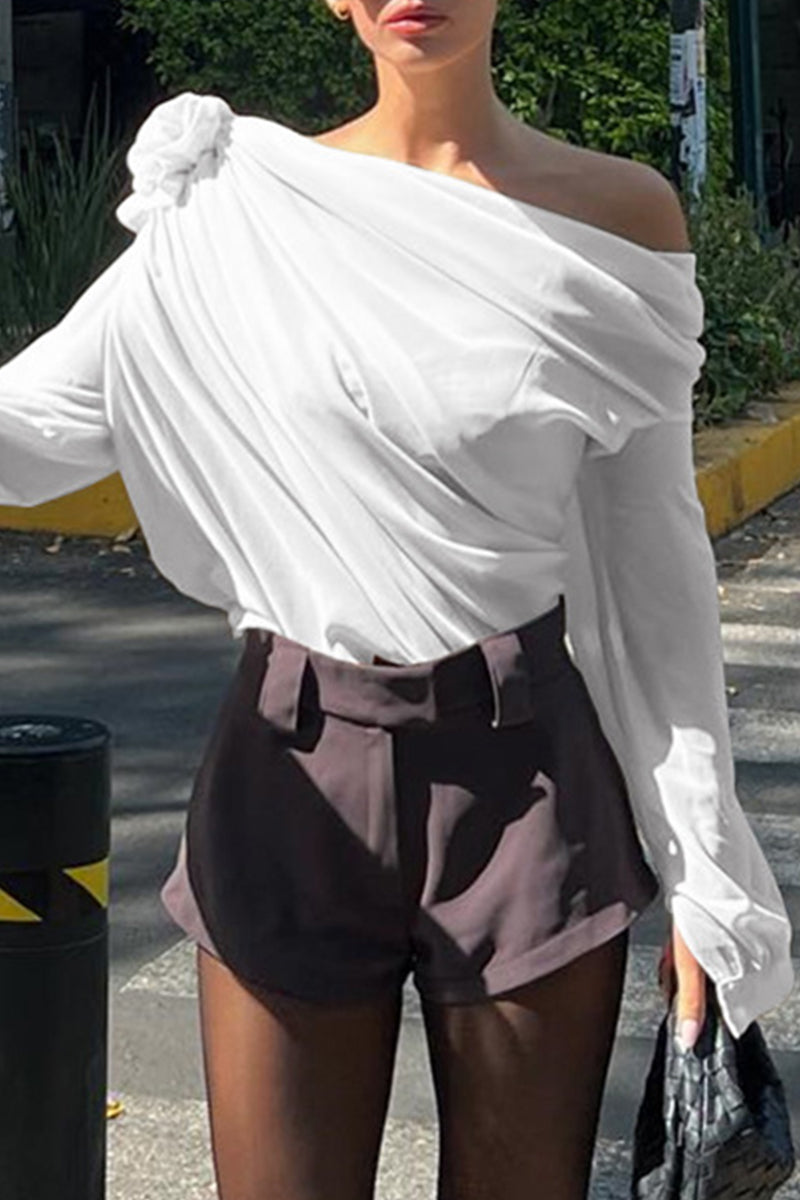 Casual Solid Patchwork Oblique Collar Tops - Fashionpara