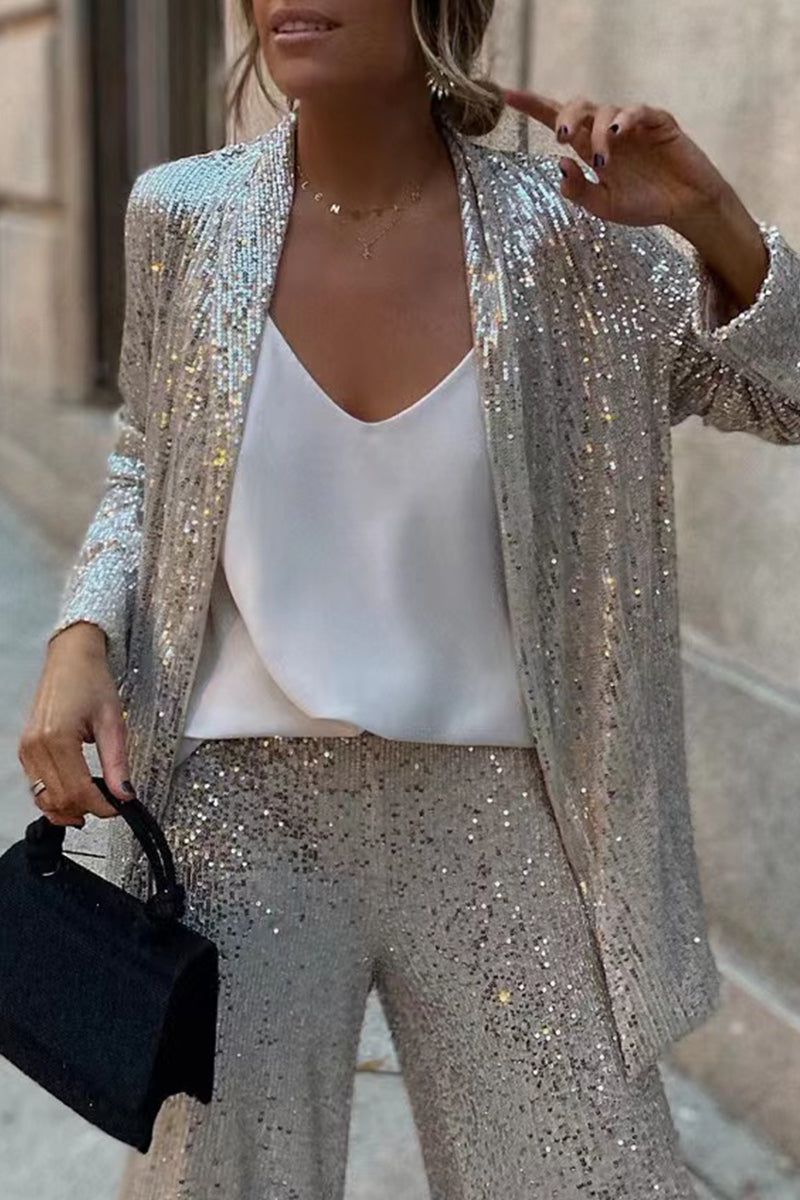 Florcoo Stylish Sequin Cardigan and Pants Set for Women