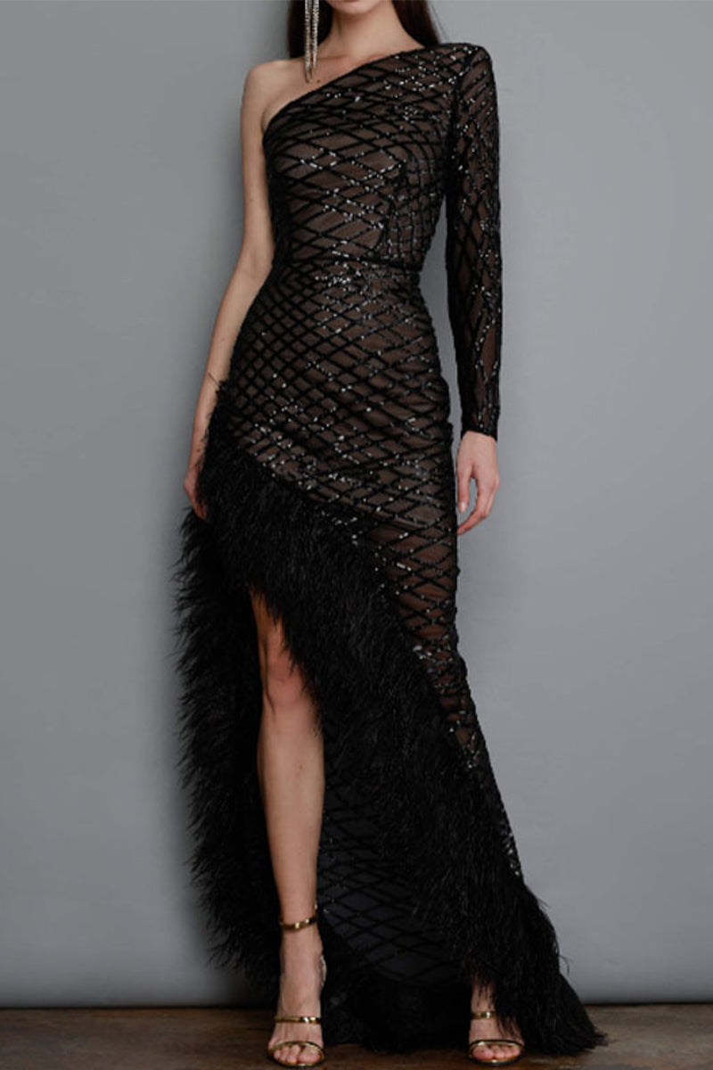 Sexy Party Solid See-through Feathers Oblique Collar Irregular Dress Dresses - Fashionpara