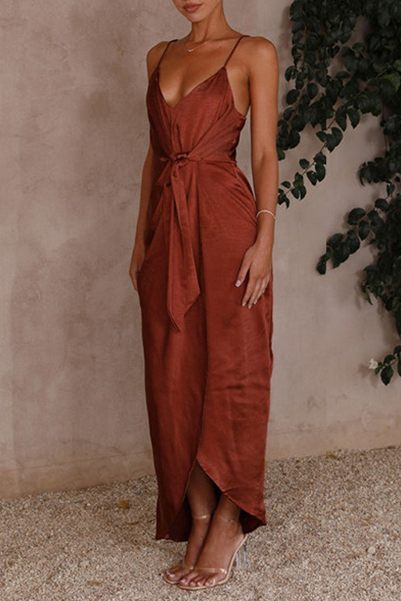 Sexy Solid Frenulum Fold V Neck Sling Dress Dresses - Fashionpara