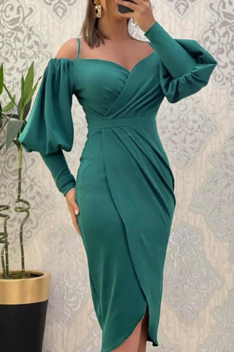 Sweet Elegant Solid Fold Off the Shoulder Irregular Dress Dresses - Fashionpara