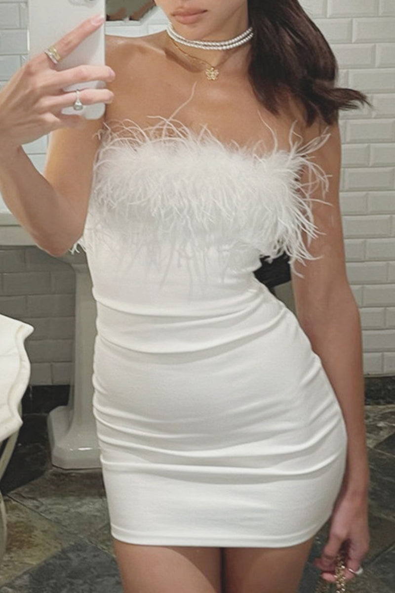 Sexy Solid Feathers Strapless Wrapped Skirt Dresses - Fashionpara