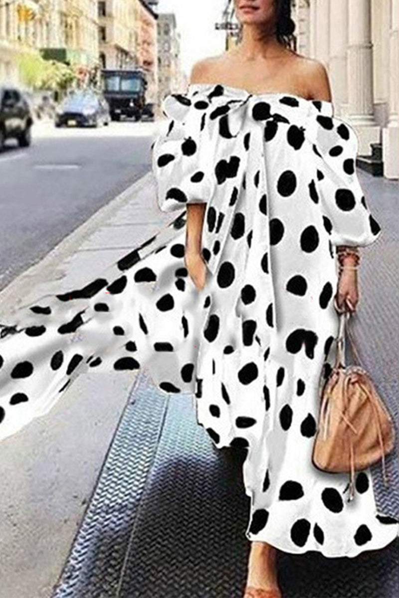 Street Elegant Polka Dot Printing Off the Shoulder Printed Dress Dresses - Fashionpara