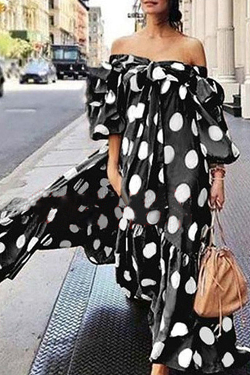 Street Elegant Polka Dot Printing Off the Shoulder Printed Dress Dresses - Fashionpara
