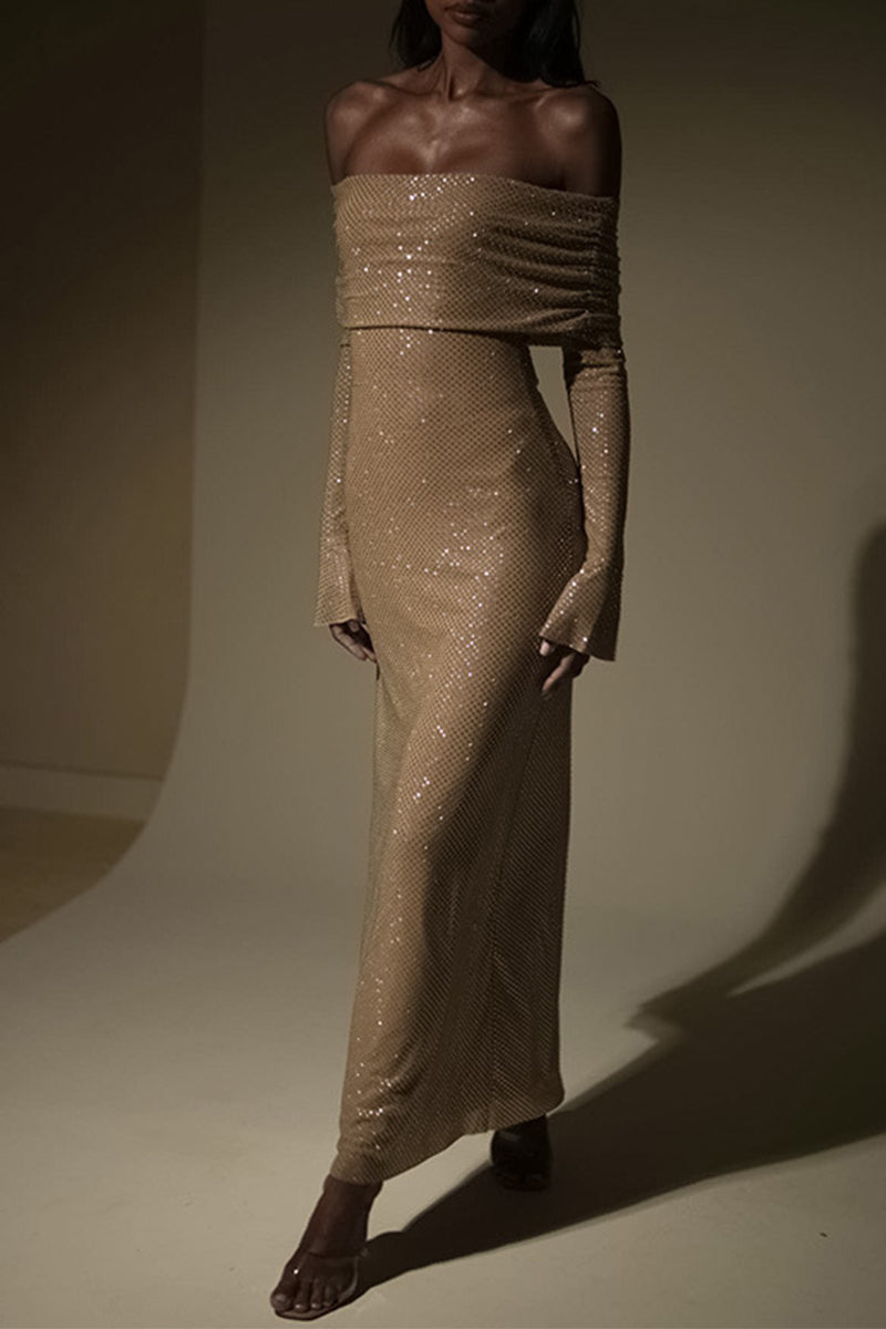 Sexy Solid Hollowed Out Off the Shoulder One Step Skirt Dresses - Fashionpara