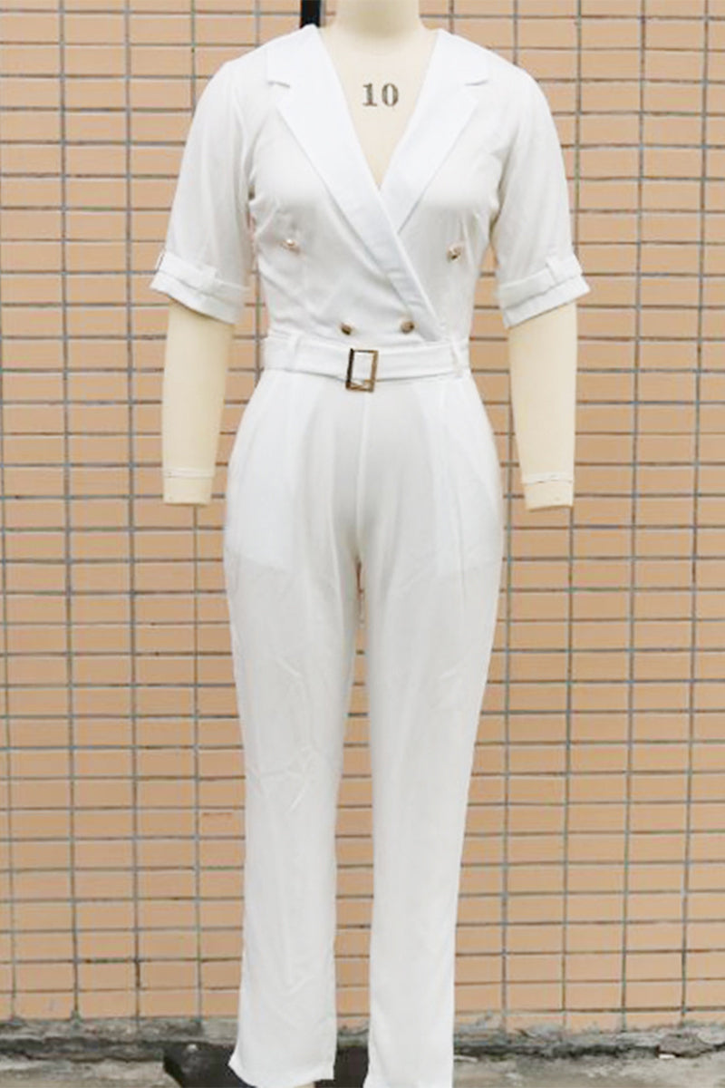 Casual Street Solid Patchwork Buttons Turn-back Collar Regular Jumpsuits(5 Colors) - Fashionpara