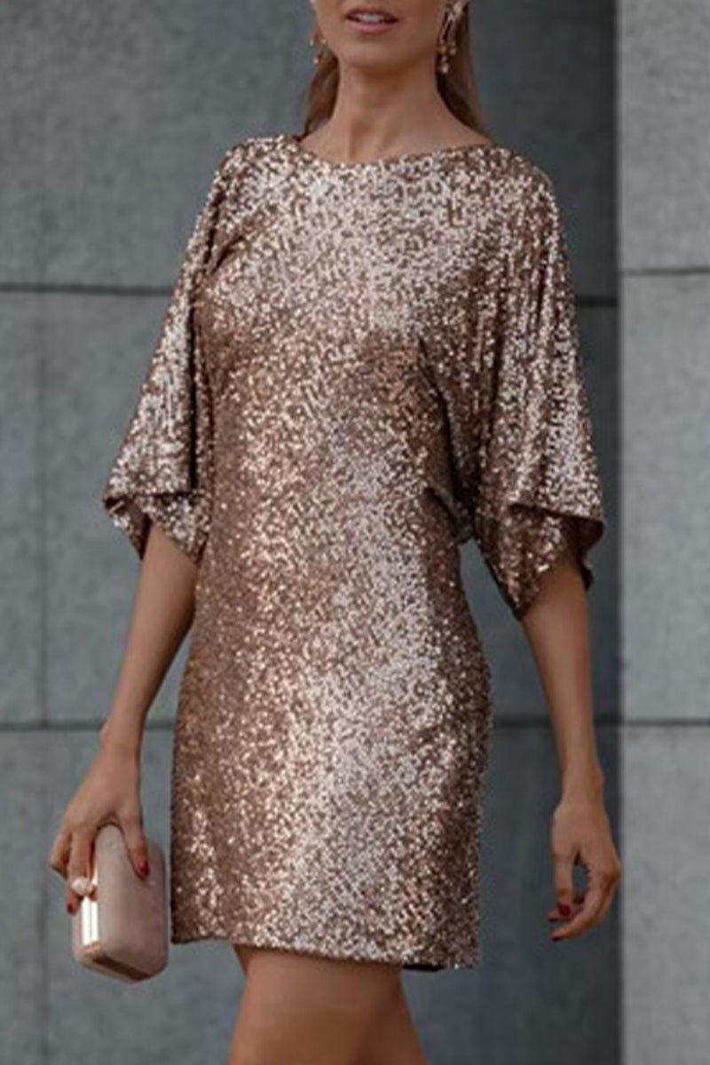 Casual Solid Sequins Backless O Neck A Line Dresses - Fashionpara
