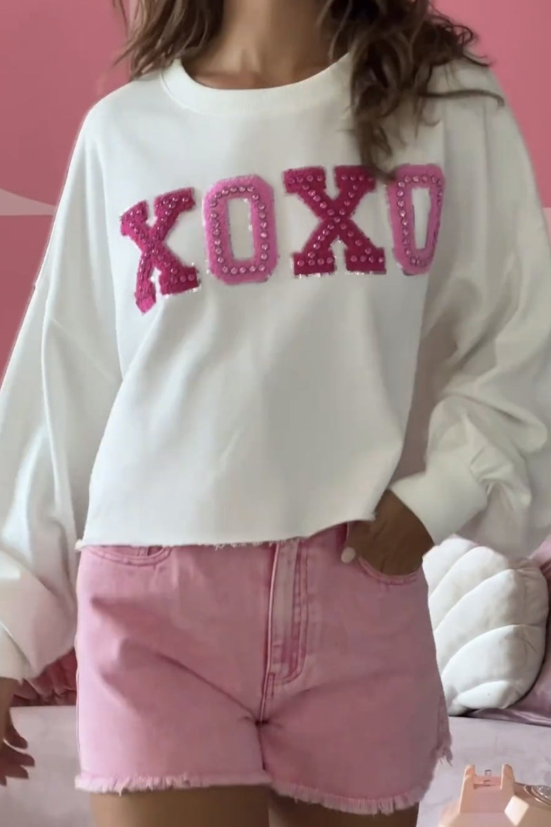 Casual Sweet Letter Patch O Neck Sweats - Fashionpara