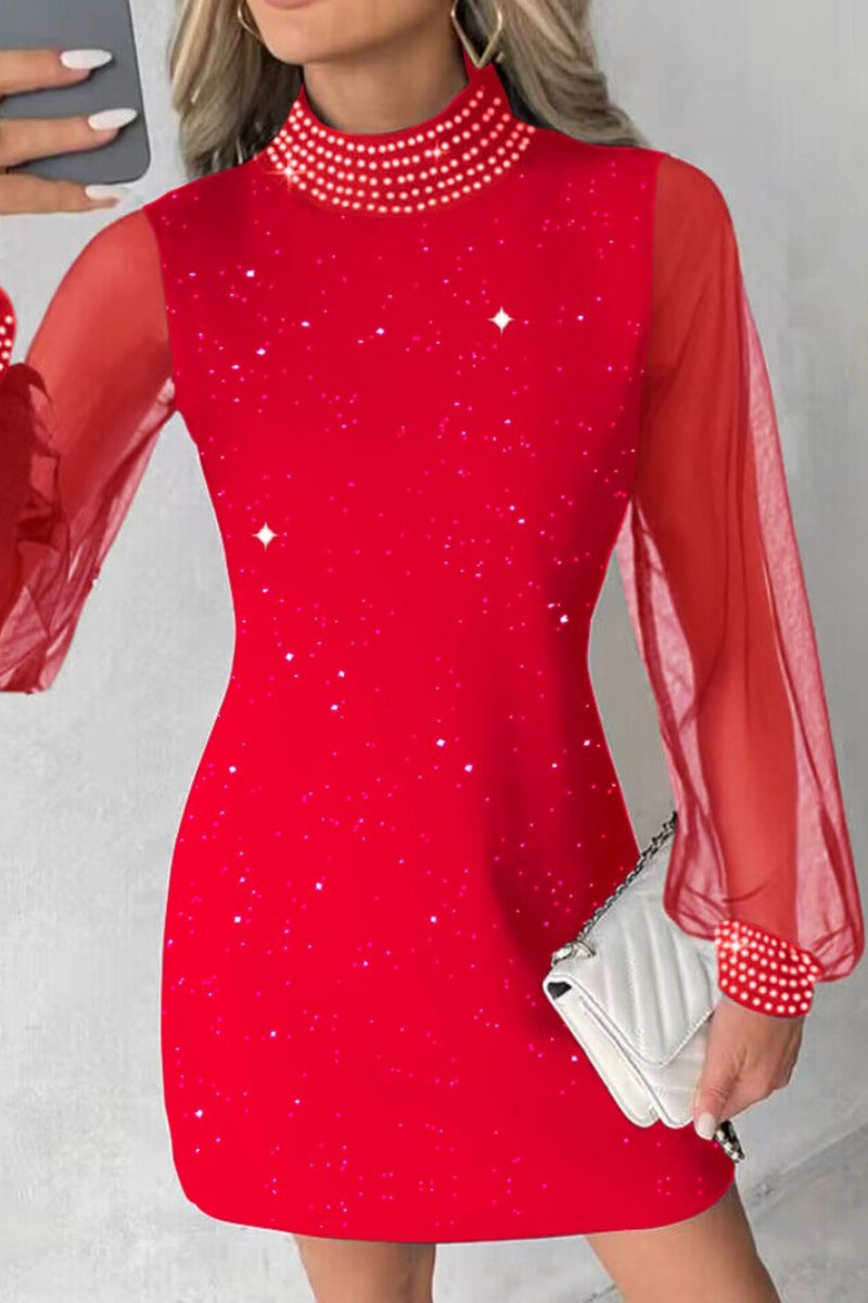 Casual Solid Patchwork Hot Drill Half A Turtleneck Long Sleeve Dresses - Fashionpara