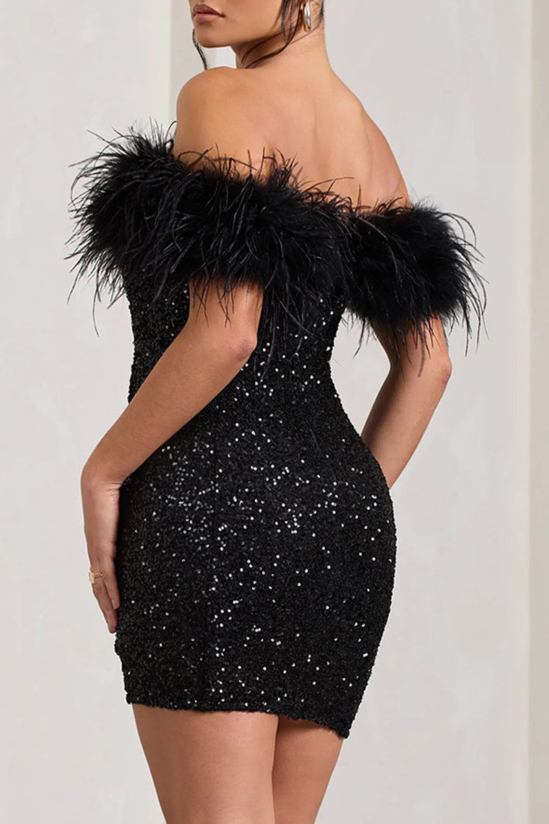 Sexy Solid Sequins Feathers Off the Shoulder Wrapped Skirt Dresses - Fashionpara