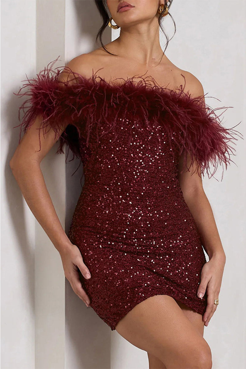 Sexy Solid Sequins Feathers Off the Shoulder Wrapped Skirt Dresses - Fashionpara