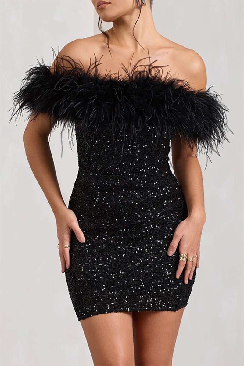 Sexy Solid Sequins Feathers Off the Shoulder Wrapped Skirt Dresses - Fashionpara