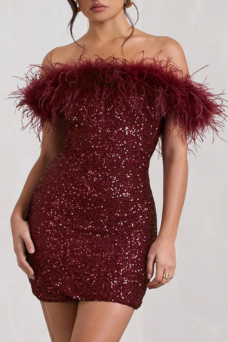Sexy Solid Sequins Feathers Off the Shoulder Wrapped Skirt Dresses - Fashionpara