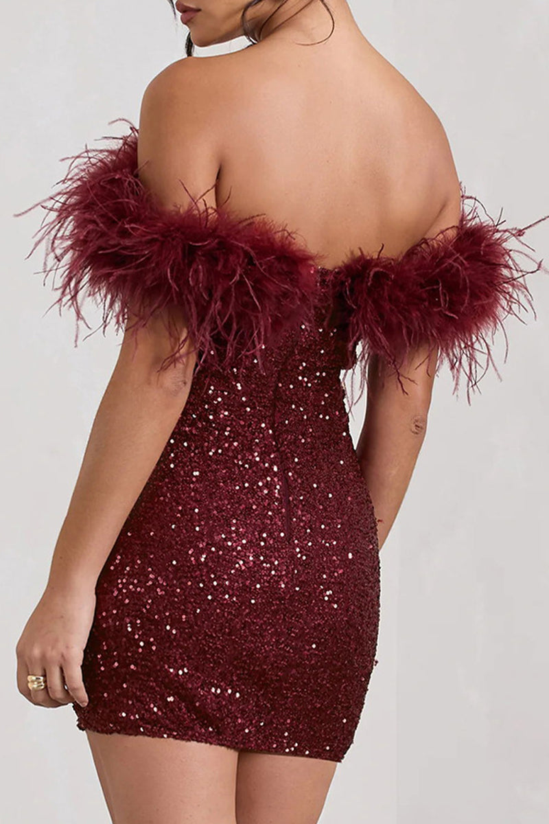Sexy Solid Sequins Feathers Off the Shoulder Wrapped Skirt Dresses - Fashionpara