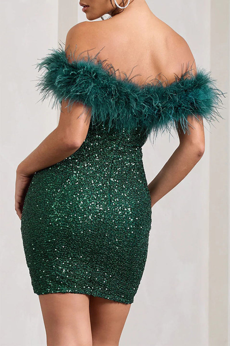 Sexy Solid Sequins Feathers Off the Shoulder Wrapped Skirt Dresses - Fashionpara