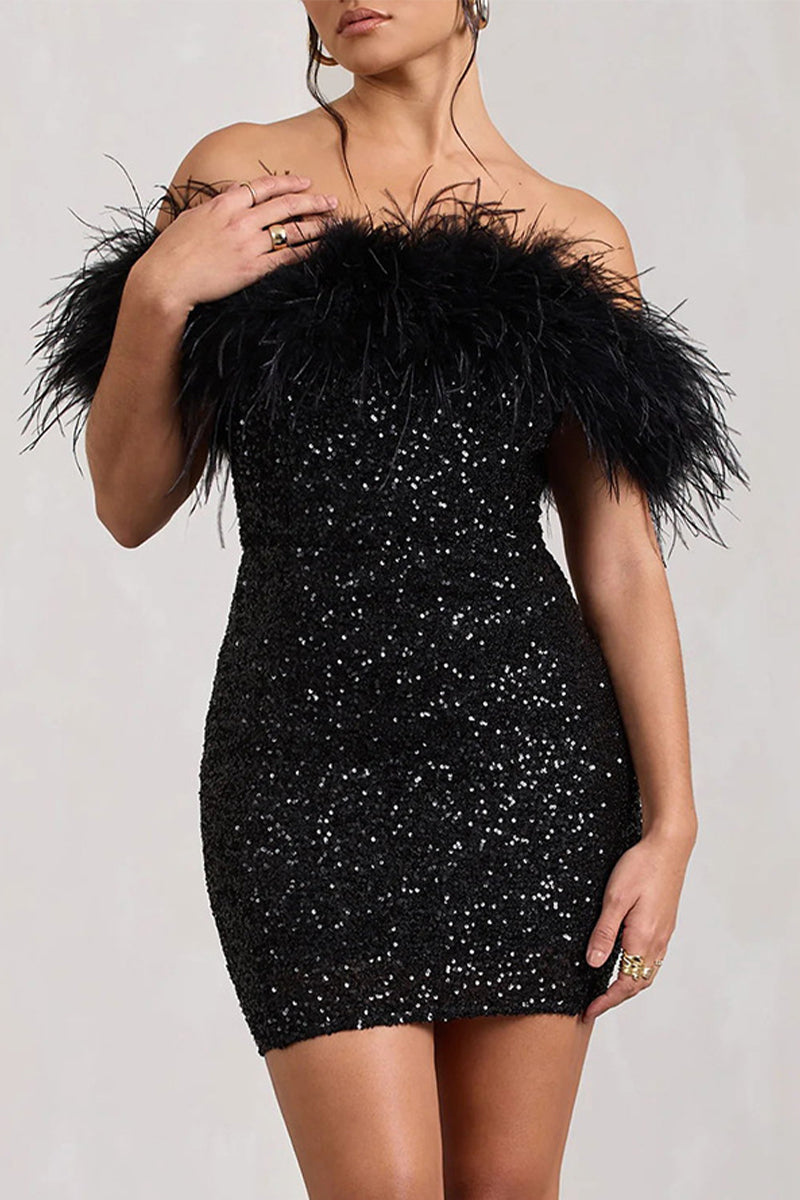 Sexy Solid Sequins Feathers Off the Shoulder Wrapped Skirt Dresses - Fashionpara
