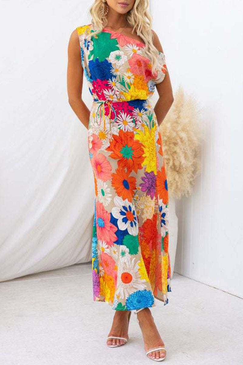 Sexy Floral Frenulum Oblique Collar Printed Dress Dresses - Fashionpara