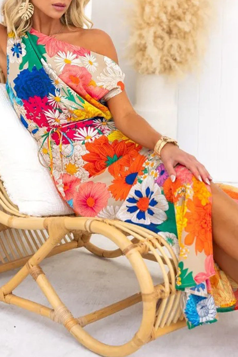 Sexy Floral Frenulum Oblique Collar Printed Dress Dresses - Fashionpara