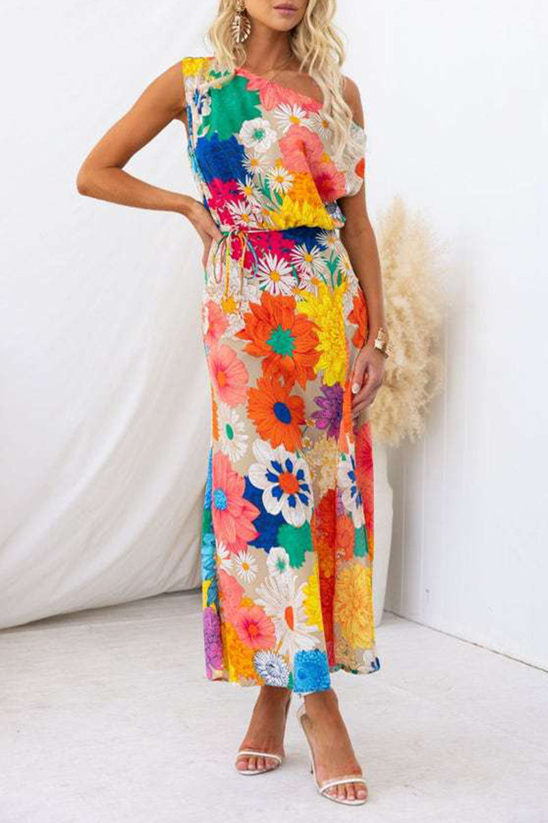 Sexy Floral Frenulum Oblique Collar Printed Dress Dresses - Fashionpara