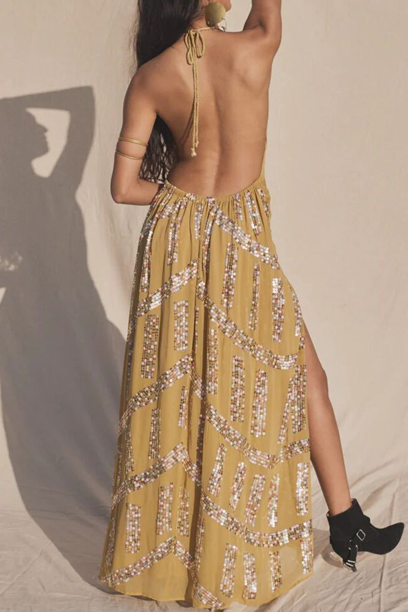 Casual Sweet Sequins Patchwork High Opening Halter Long Dress Dresses - Fashionpara