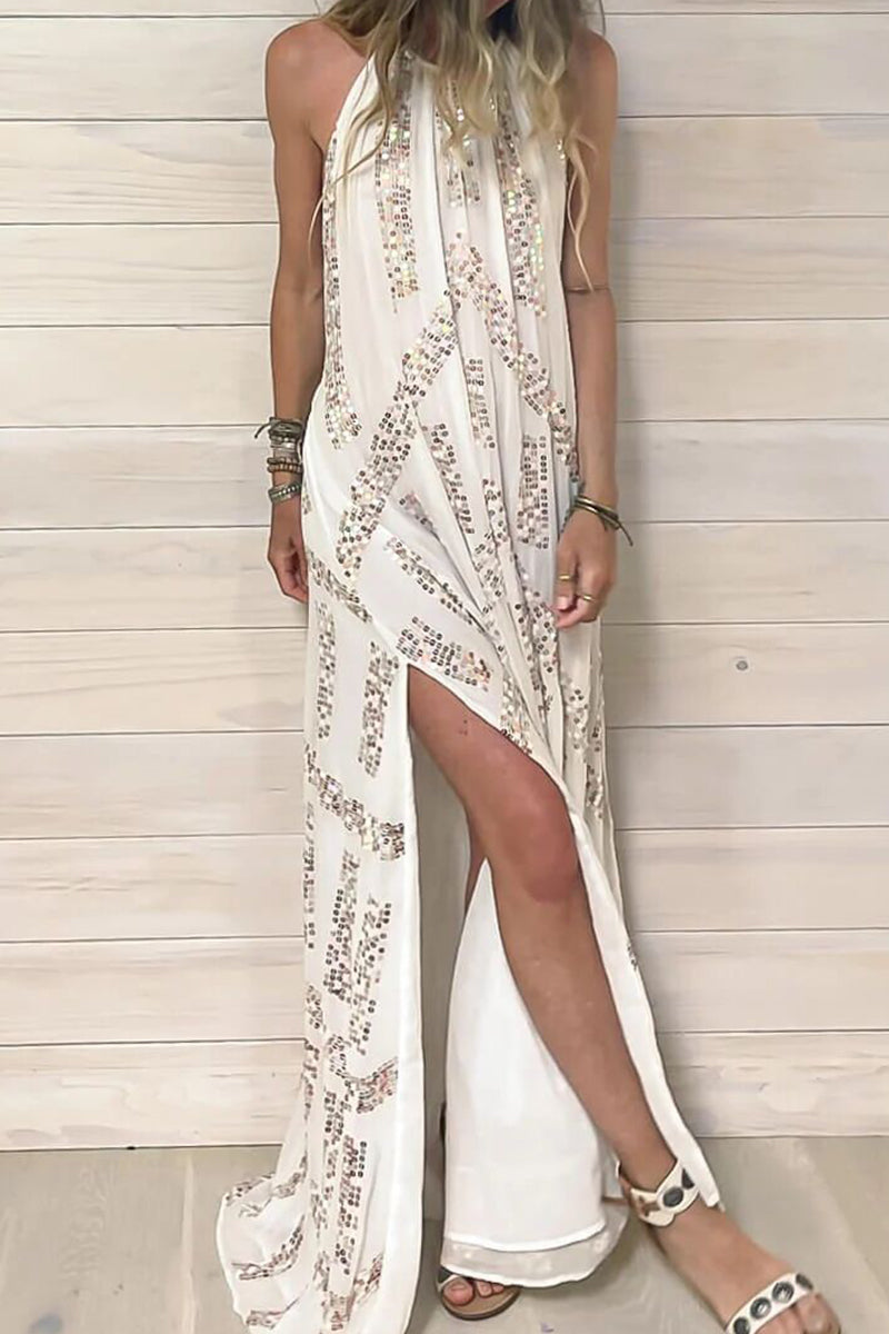 Casual Sweet Sequins Patchwork High Opening Halter Long Dress Dresses - Fashionpara