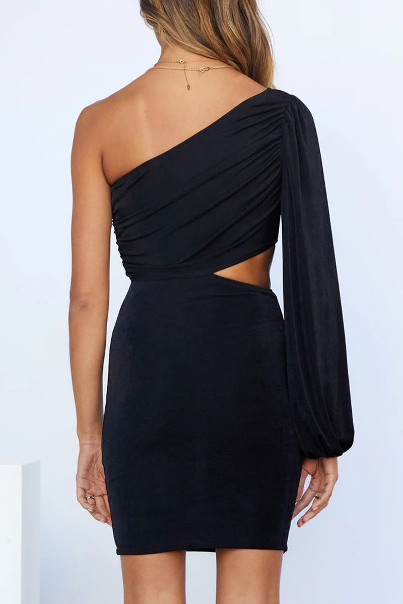 Sexy Solid Hollowed Out Oblique Collar Wrapped Skirt Dresses - Fashionpara