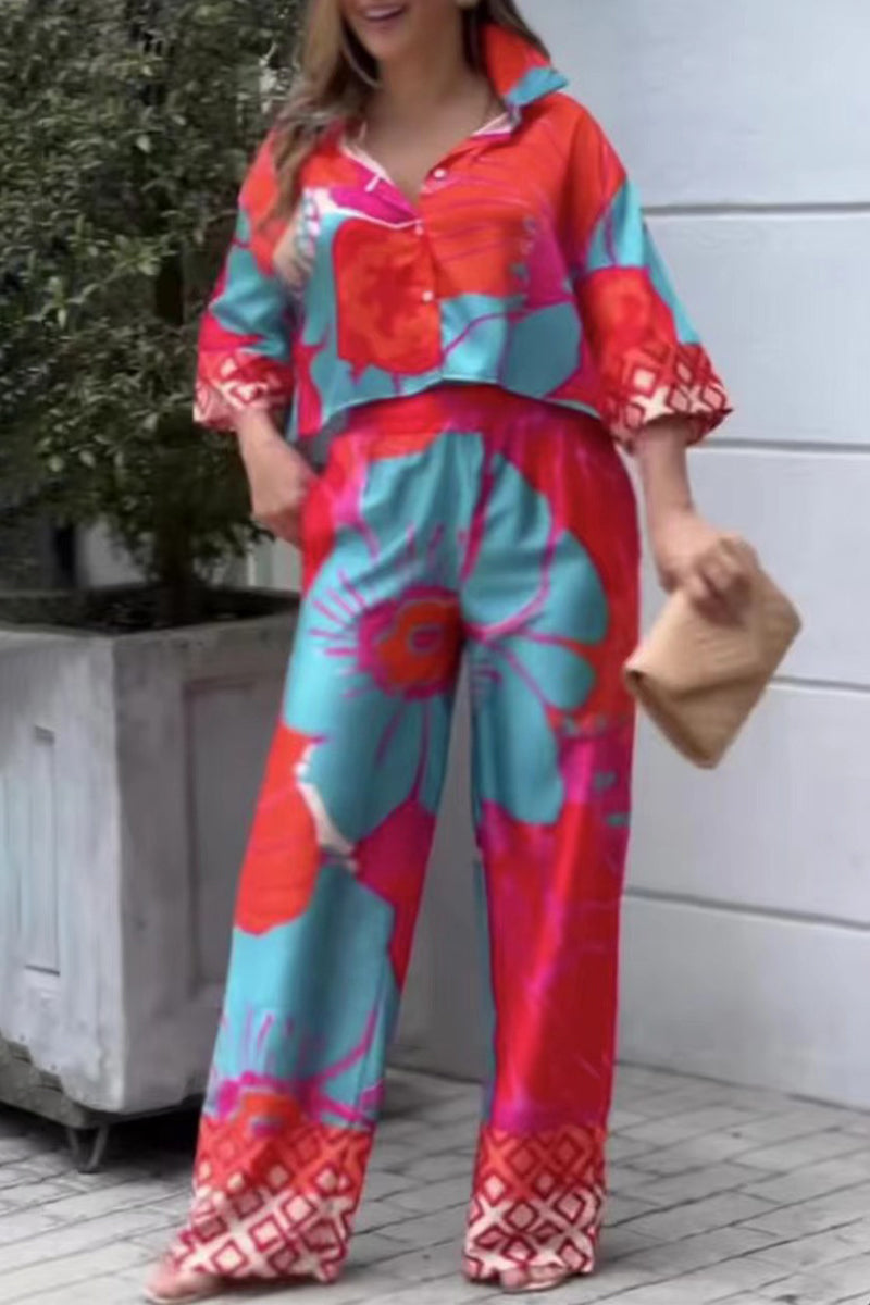 Elegant Floral Pocket Turndown Collar Long Sleeve Two Pieces - Fashionpara