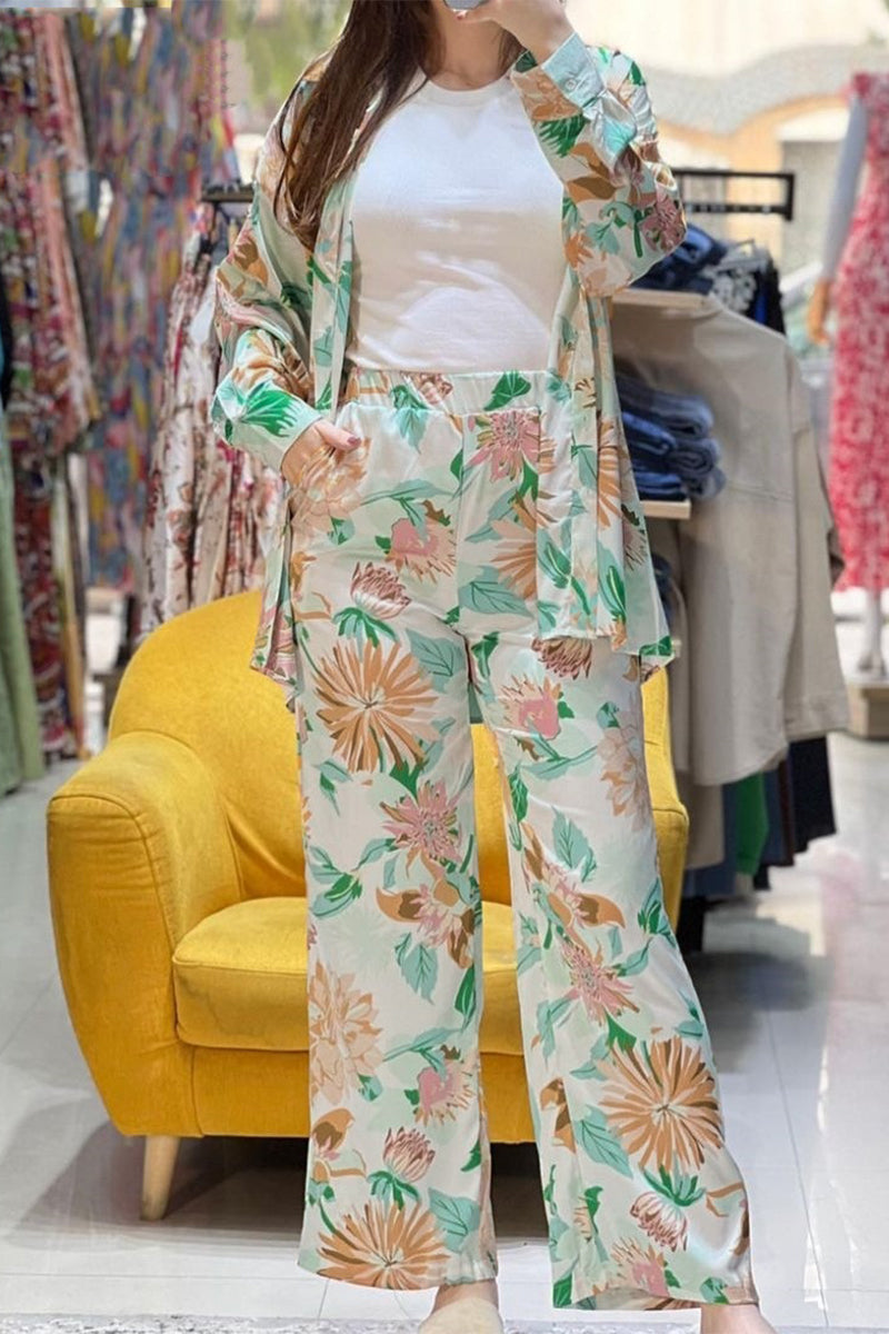 Casual Sweet Floral Pocket Buttons Turndown Collar Long Sleeve Two Pieces - Fashionpara