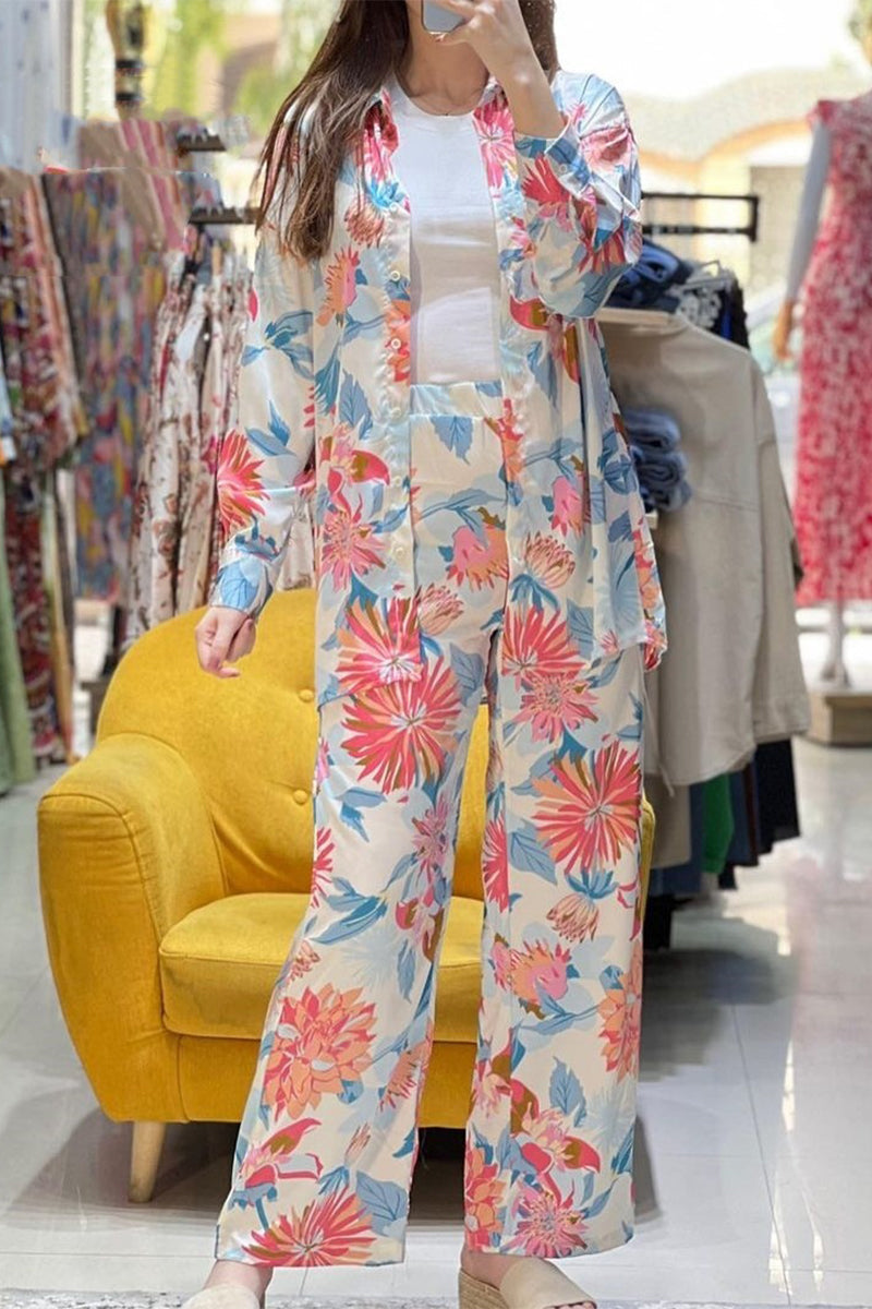 Casual Sweet Floral Pocket Buttons Turndown Collar Long Sleeve Two Pieces - Fashionpara