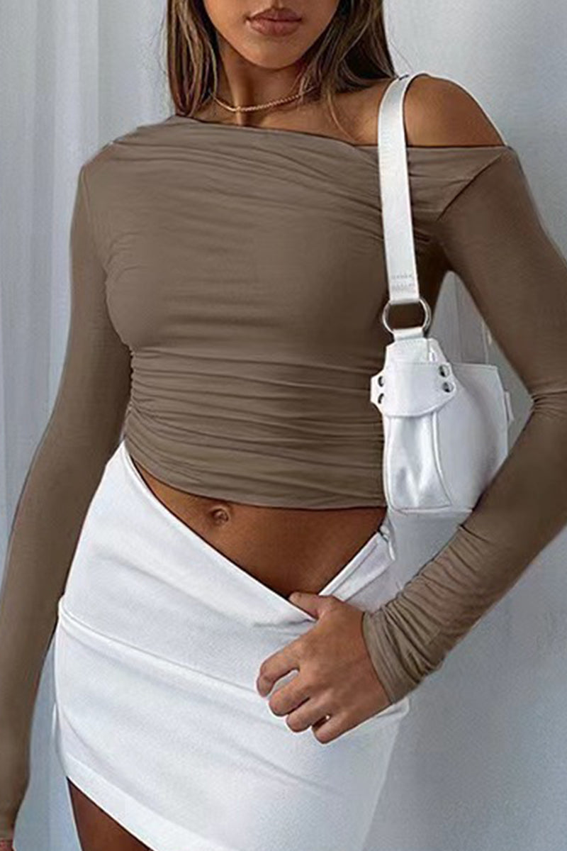 Casual Simplicity Solid Fold Oblique Collar Tops - Fashionpara