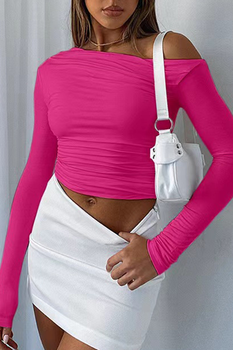 Casual Simplicity Solid Fold Oblique Collar Tops - Fashionpara