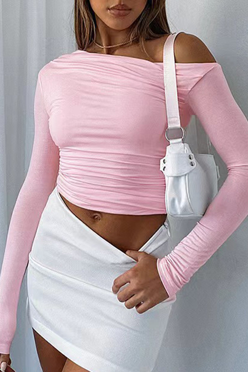 Casual Simplicity Solid Fold Oblique Collar Tops - Fashionpara