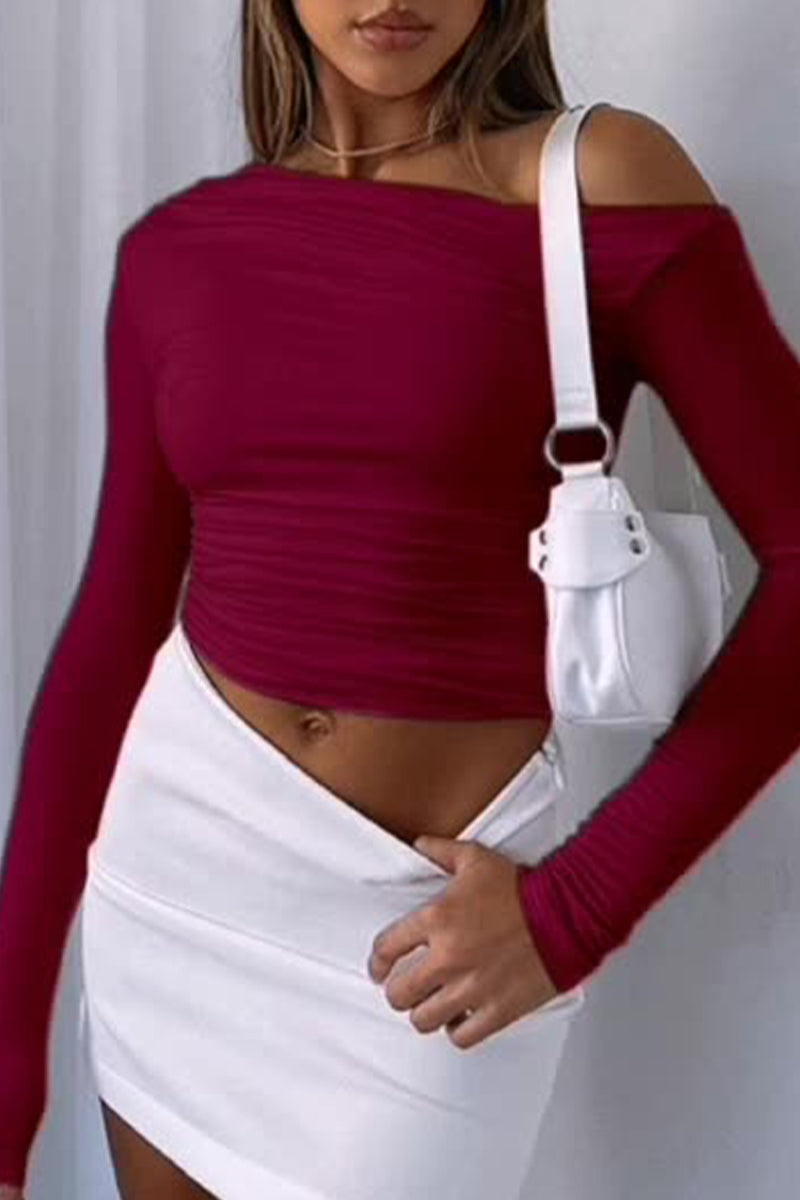 Casual Simplicity Solid Fold Oblique Collar Tops - Fashionpara