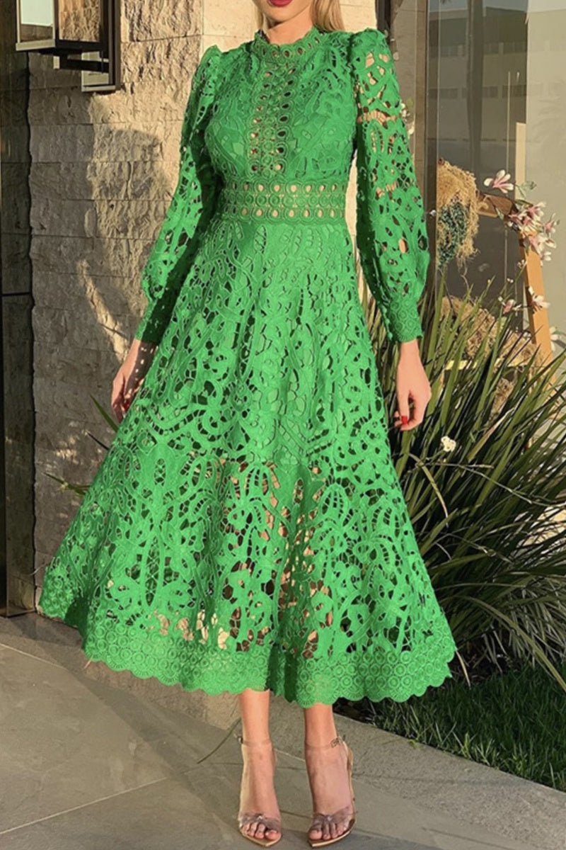 Guipure Lace Mock Neck Balloon Sleeve Scalloped Hem A-Line Midi Dress