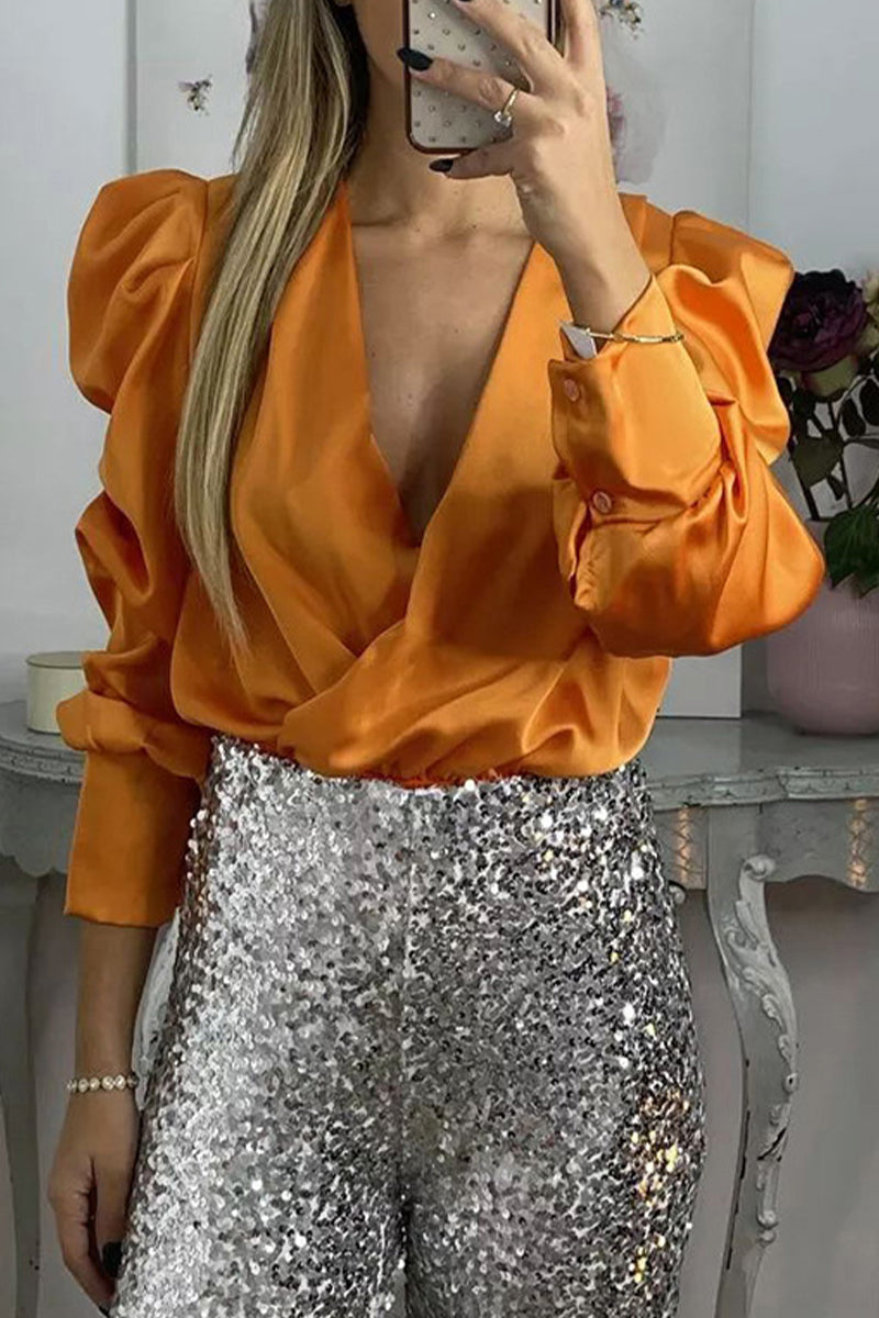 Celebrities Elegant Solid Fold V Neck Blouses(4 Colors)