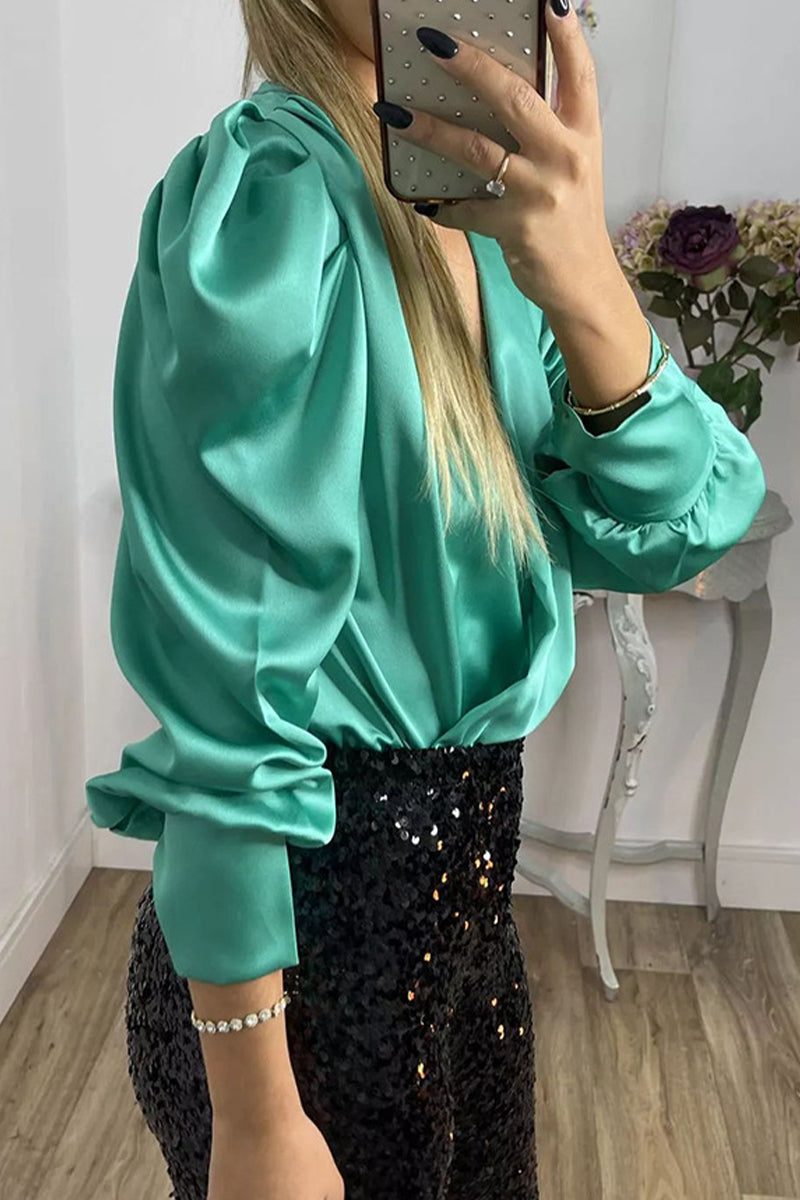 Celebrities Elegant Solid Fold V Neck Blouses(4 Colors)