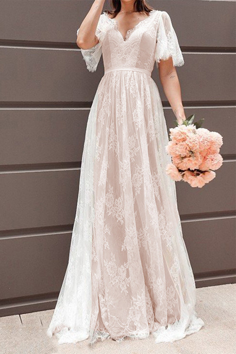 Sexy Formal Solid Lace V Neck Evening Dress Dresses - Fashionpara