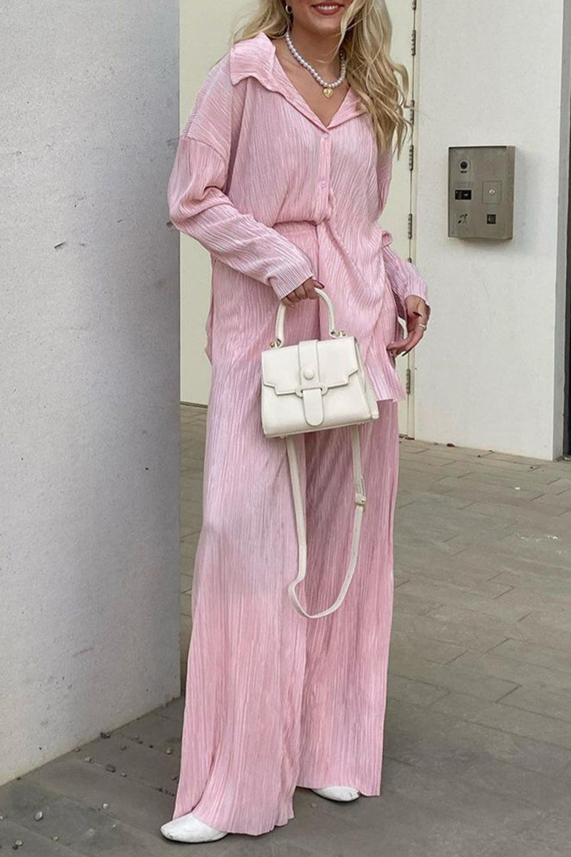 Casual Solid Buttons Fold Turndown Collar Long Sleeve Two Pieces - Fashionpara