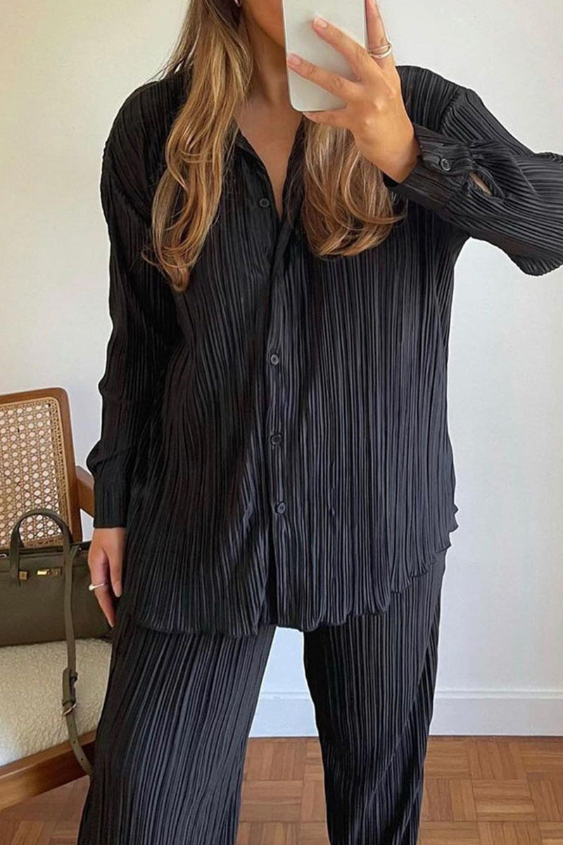 Casual Solid Buttons Fold Turndown Collar Long Sleeve Two Pieces - Fashionpara